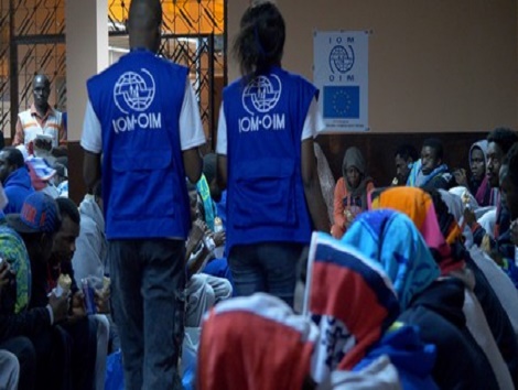 Des travailleurs de l'OIM qui accueillent des migrants rapatriés à l'aéroport de Conakry