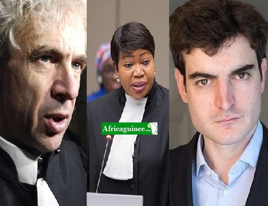 Maître William Bourdon, la procureure de la CPI Fatou Bensouda et Me Vicent Brengarth, photomontage Africaguinee.com