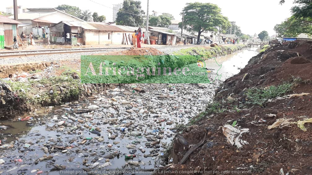 Un caniveau rempli d'eaux usées et d'immondices au quartier Hafia 1