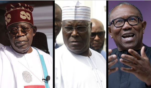 Bola Tinubu (à g.), Atiku Abubakar (centre) et Peter Obi (à dr.).